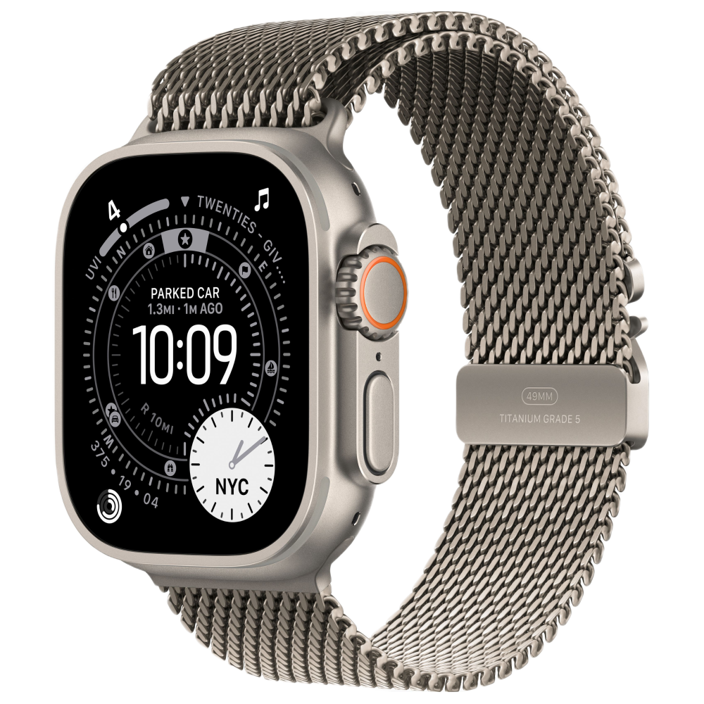 Фото Apple Watch Ultra 3 GPS + Cellular, 49 мм, корпус из натурального титана, ремешок Milanese цвета «натуральный титан», размер L На фото изображено Apple Watch Ultra 3 GPS + Cellular, 49 мм, корпус из натурального титана, ремешок Milanese цвета «натуральный титан», размер L